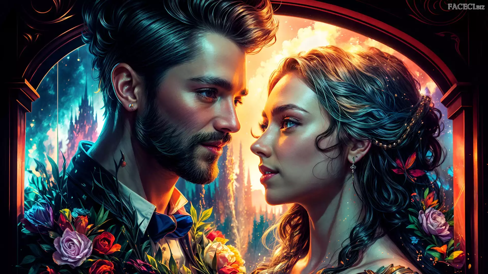 Zarost, Mężczyzna, Grafika, Kobieta, Kwiaty