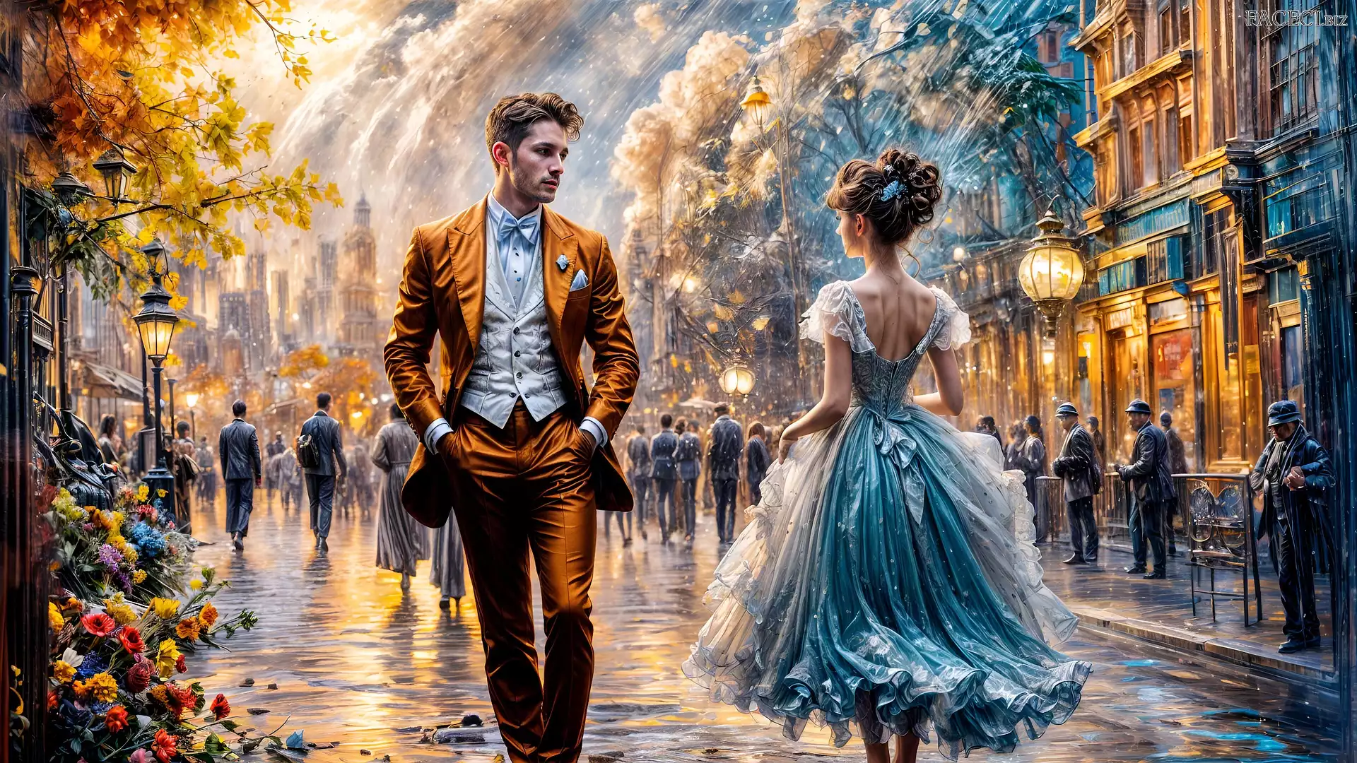 Mężczyzna, Kobieta, Wieczór Reprodukcja obrazu, Ulica